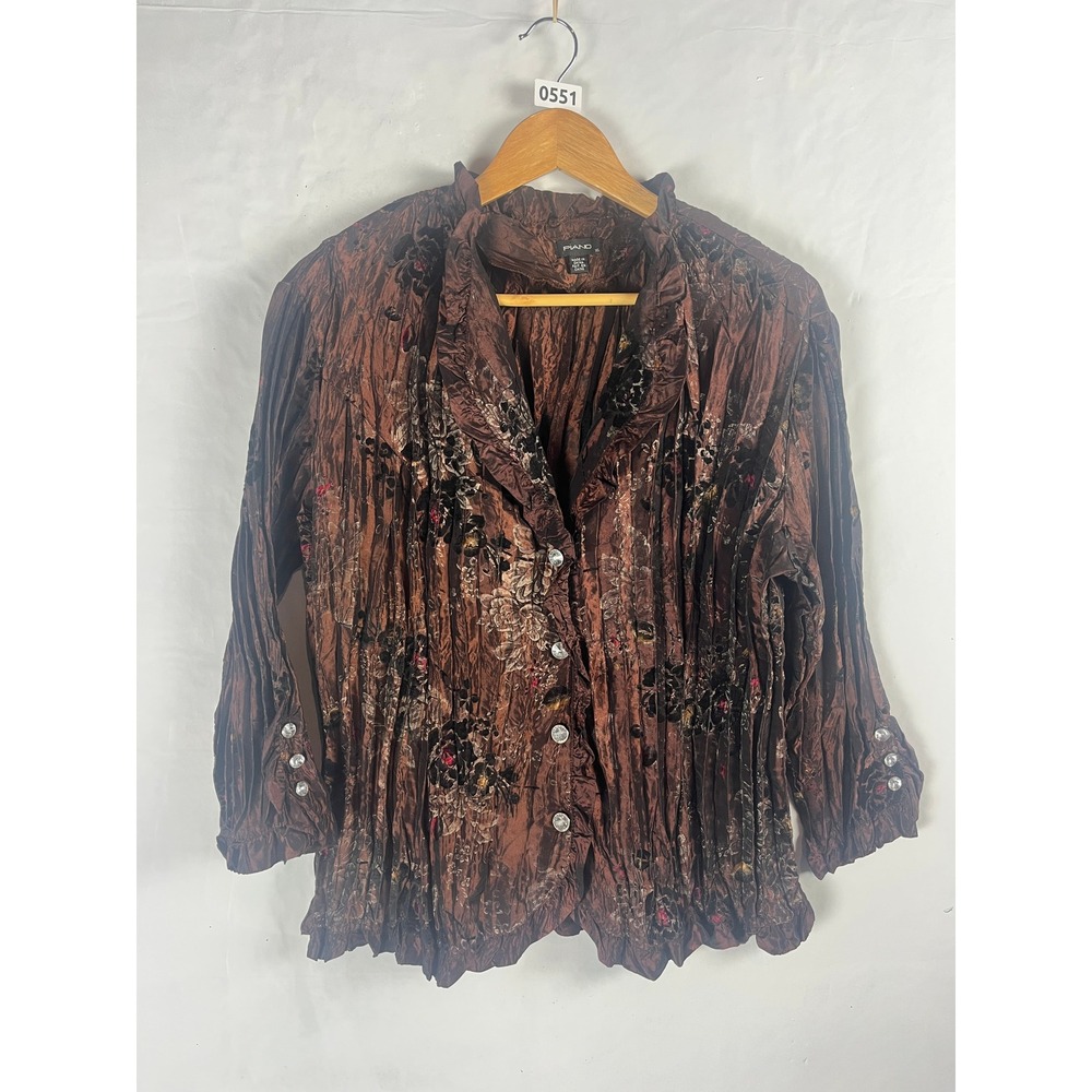 Piano Brown Pleated Floral Button Down Rhinestone Shirt XL